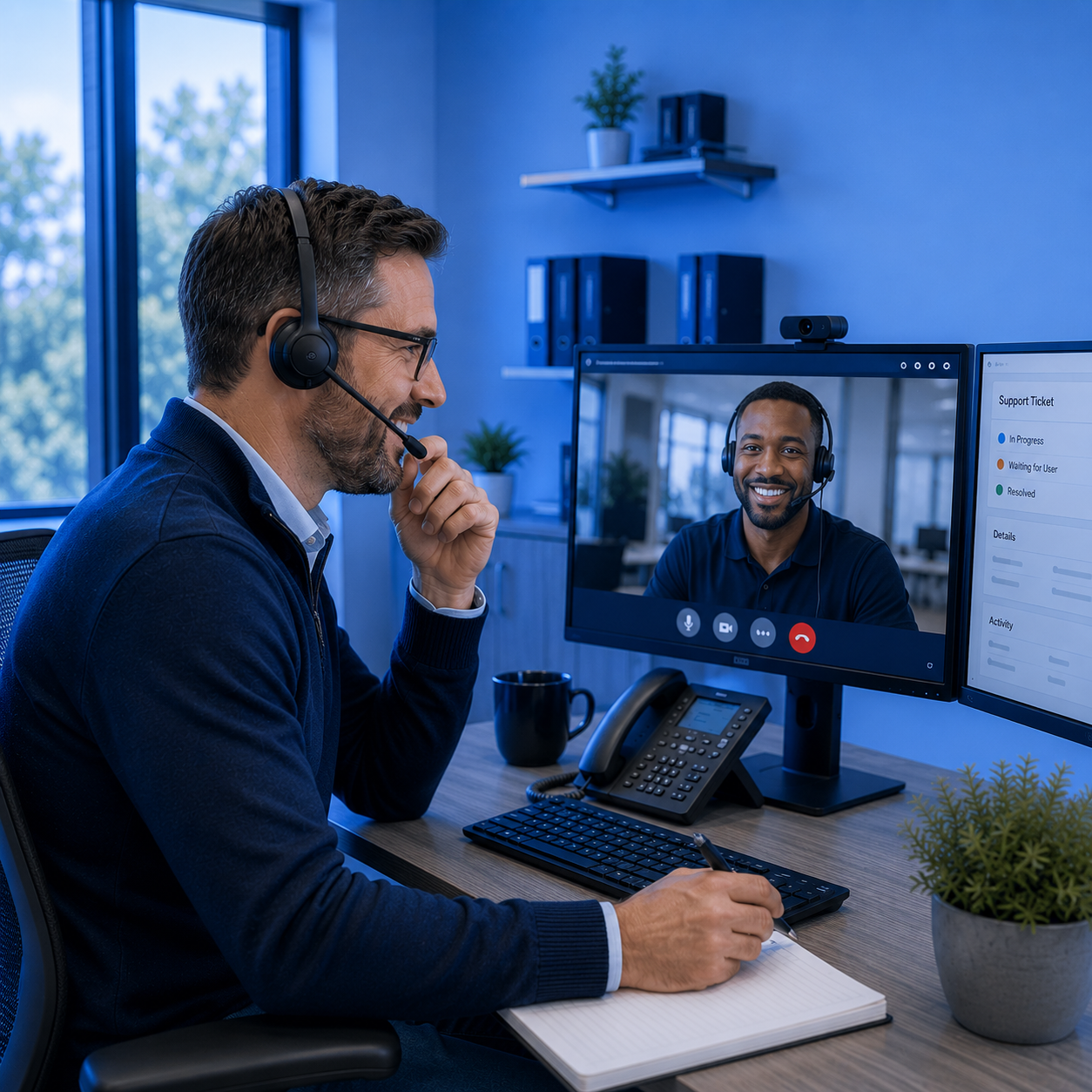 collaborating remotely with technology in an office setting