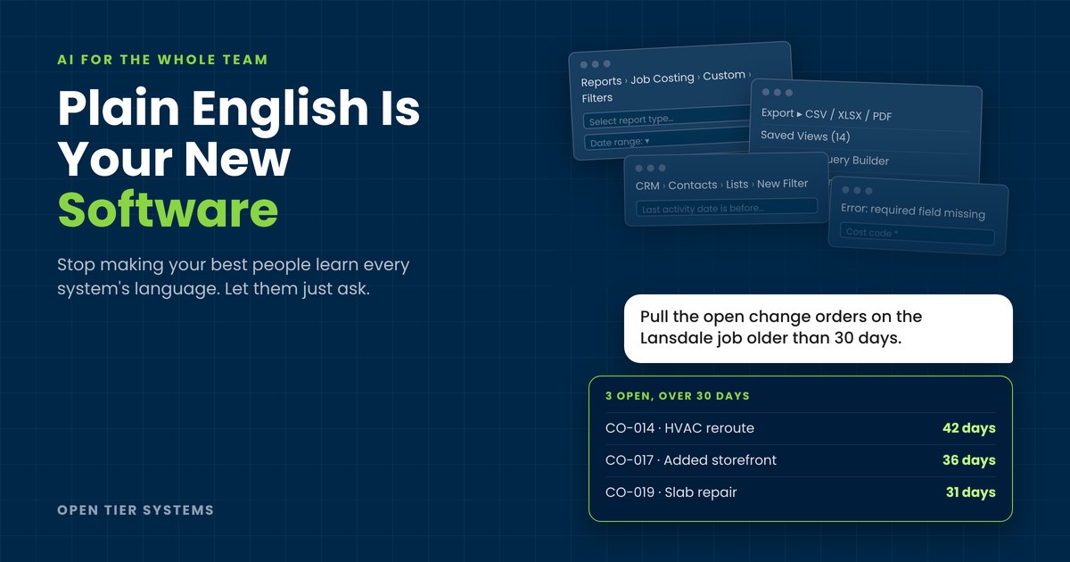 Cluttered software menus and filters next to a plain-English request for open change orders on the Lansdale job, answered with a clean list of three